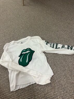 Tulane White Long-Sleeve Graphic Tee with Green Rolling Stones Design